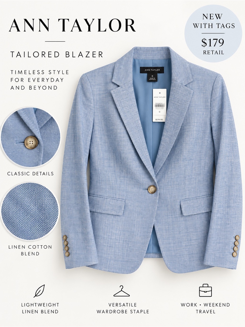 Ann Taylor Size 0 Blue Linen Cotton Blend Blazer NWT Career Office Work Preppy